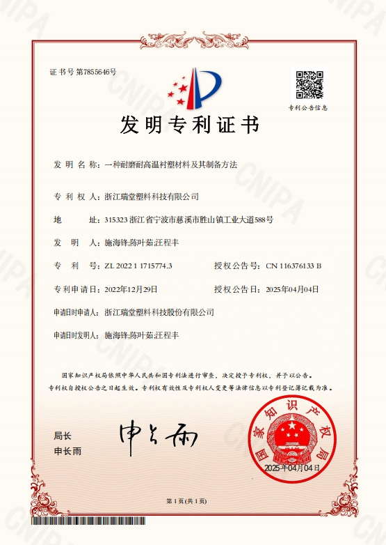 Rotoun Patents | Wear‑Resistant & High‑Temp Resistant Material for Plastic‑Lined Pipes ZL202211715774.3